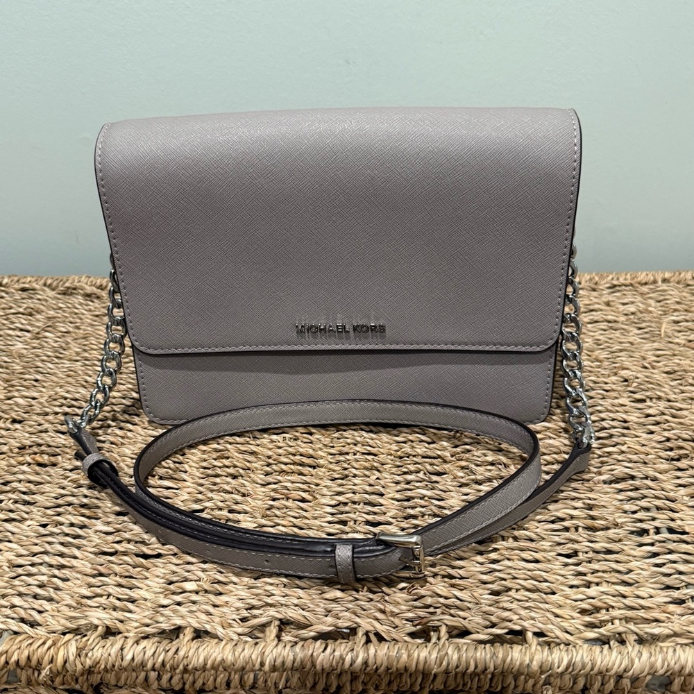 Michael Kors Daniela Crossbody Bag in Light Gray / Taupe with Silver Accents
